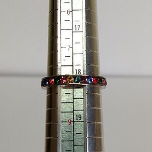 Silver Tone Multicolor Rainbow Stone Ring Band Marked ATI Taiwan Size 8 Colorful